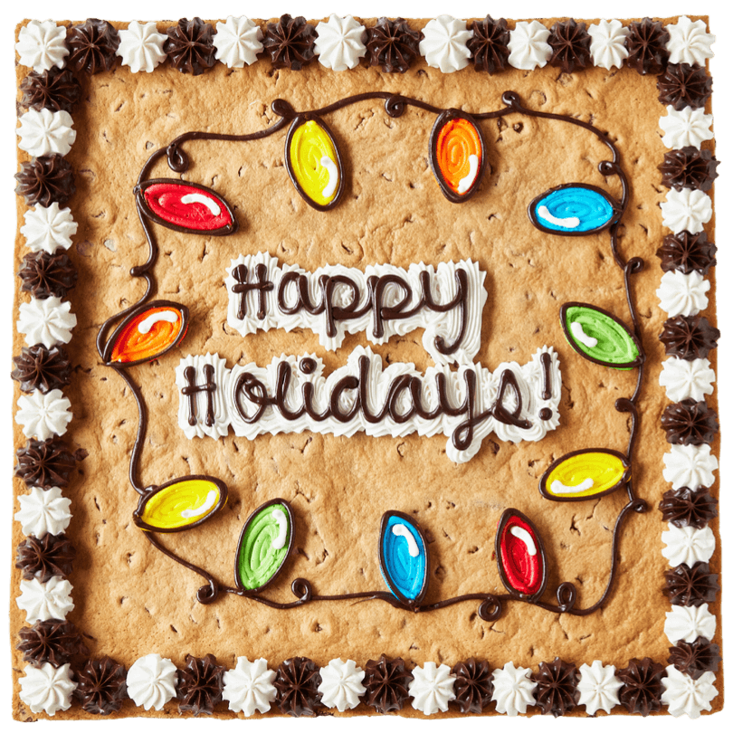 Great American Cookie Cake with Happy Holiday icing decoration and colorful lights design